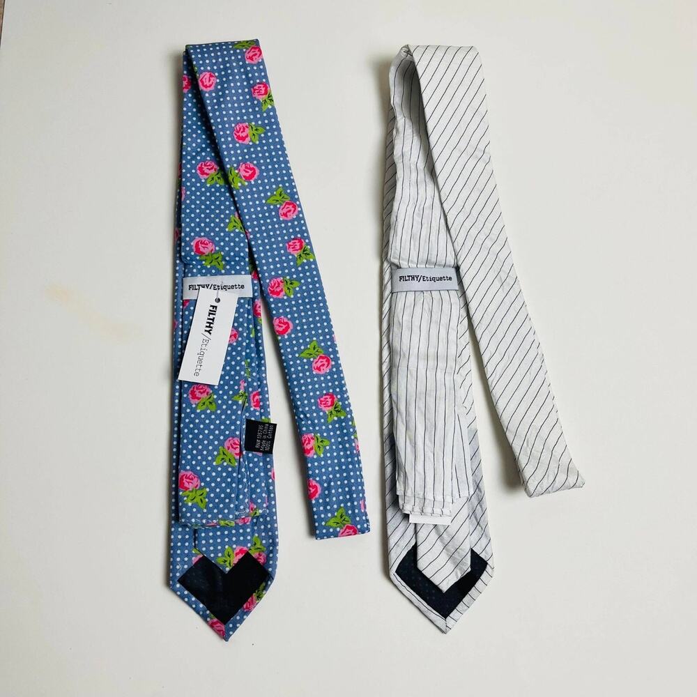 Set of‎ 2 Neck Tie for Men Filthy Etiquette 100% Cotton Floral Blue/Off-White